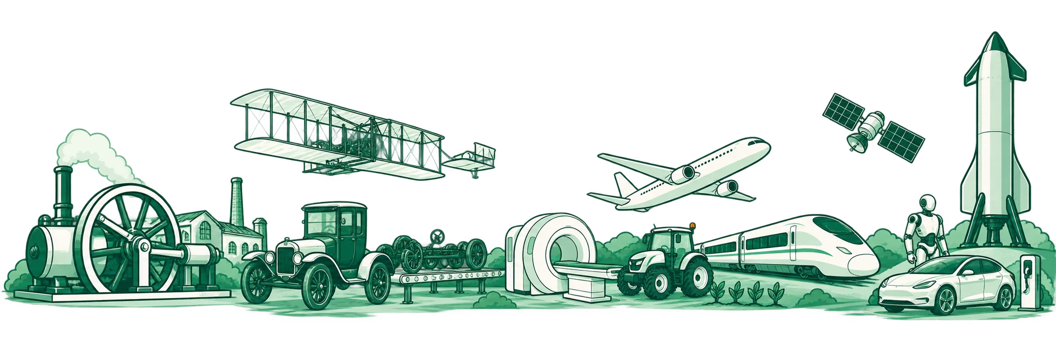 Manufacturing evolves from steam engines and early flight to modern medicine, transport, robotics and space exploration